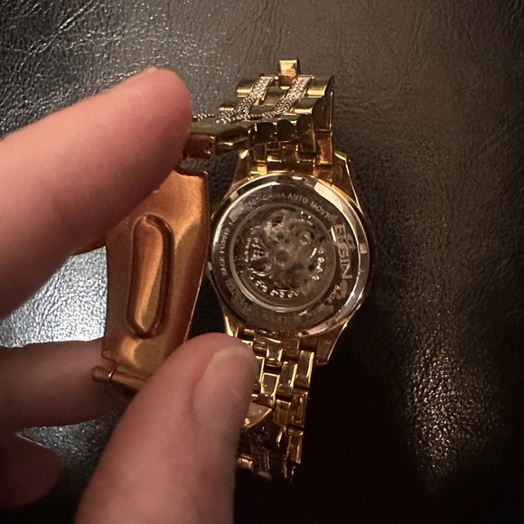 Elgin Men’s 14k Gold Plated Automatic Skeleton Luxury Watch with Lab Diamonds - Picture 3 of 5